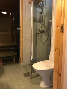 uma casa de banho com um WC e um chuveiro em Chill Cave - logwood cottage em Ruka
