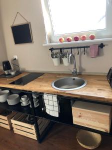 a kitchen counter with a sink and a window at Apartamenty Brzózki in Brzózki