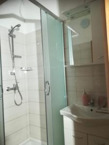 y baño con ducha y lavamanos. en Filip 2, en Biograd na Moru