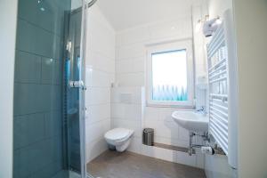 a bathroom with a toilet and a sink and a window at Schützenhaus Bondorf in Bondorf