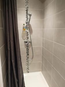 La salle de bains est pourvue d'une douche avec rideau de douche. dans l'établissement VILLA FLEUR DES PINS 6 PERSONNES 140m2 PETIT NICE, à Gujan-Mestras