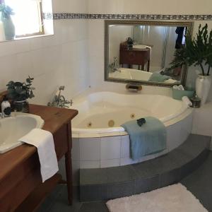La salle de bains est pourvue d'une baignoire, d'un lavabo et d'un miroir. dans l'établissement Erin Guesthouse and B&B, à Bergville