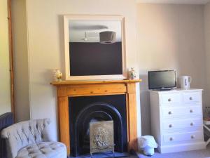 a living room with a fireplace with a television above it at The Three Horseshoes in Warham