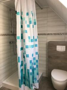 Un baño con inodoro y cortina de ducha. en Ferienhaus 2 An der Rodach, en Steinwiesen 14 fotos más