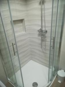 クランスカ・ゴーラにあるApartma Grošのシャワー(ガラスドア付)、トイレが備わります。