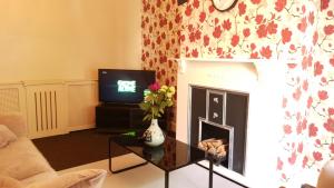 sala de estar con chimenea y TV en Grandeur Holiday home, with free parking en Clacton-on-Sea