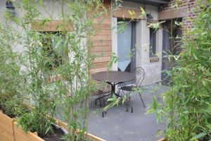 einen Tisch und Stühle auf einer Terrasse mit Pflanzen in der Unterkunft Gîte de la Broderie in Bersée