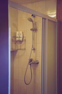 a shower with a shower head in a bathroom at Beibuki in Naujene