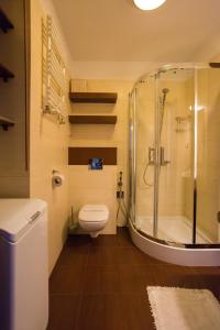 bagno con doccia e servizi igienici. di Apartamenty Świnoujście - Villa Park a Świnoujście