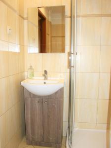 a bathroom with a sink and a shower at Mieszkanko Wyspiańskiego in Gdynia