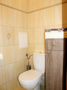 a bathroom with a white toilet and a wooden cabinet at Mieszkanko Wyspiańskiego in Gdynia