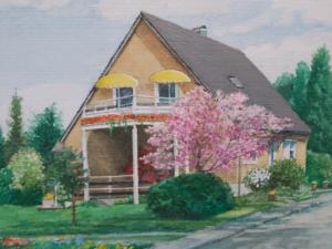 a painting of a house with a tree at Weissewolke in Bad Fallingbostel