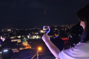 a woman holding up a glass of wine at night at Hotel Tskhumi in Kutaisi