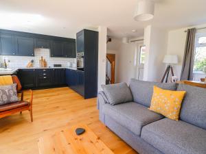 Una sala de estar con un sofá y una cocina. en Owl Cottage, en Llandrindod Wells 15 fotos más
