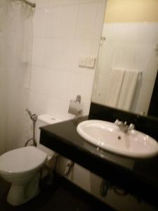 a bathroom with a sink and a toilet and a mirror at Kithulgala Rest House in Kitulgala