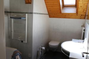 a bathroom with a toilet and a sink and a window at Hotel Du Quai in Villeneuve
