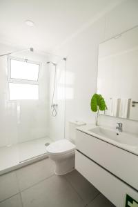 a white bathroom with a toilet and a sink at Casa do Outeiro with Heated Pool 30C in Povoação