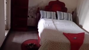 een slaapkamer met een bed met een rode en witte deken bij Zf PENSION in Addis Ababa