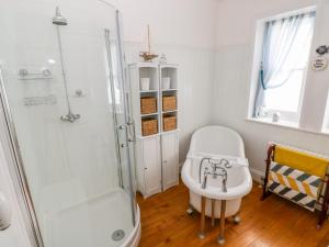 un bagno bianco con doccia e lavandino di Castle School House a Kidwelly Altre 21 foto