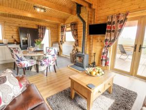 sala de estar con chimenea y mesa en Manor Farm Lodges - Red Kite Lodge, en Newtown