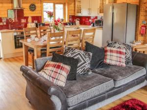 a living room with a couch and a kitchen at Manor Farm Lodges - Dragon Lodge in Newtown