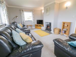 a living room with a leather couch and a television at Pen Bryn in Llanallgo