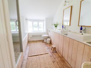 een badkamer met een wastafel, een toilet en een spiegel bij Whitehall Farm Cottage in Honiton