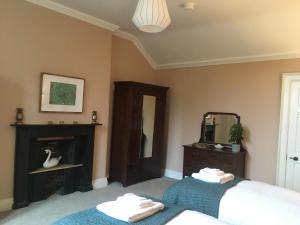 a bedroom with a bed and a mirror and a fireplace at Number 6 Narrow Water Castle in Warrenpoint