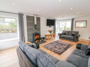 a living room with two couches and a fireplace at Llwyd Coed Canol in Caernarfon