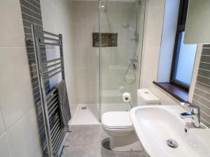 ein Badezimmer mit Dusche, Toilette und Waschbecken in der Unterkunft Woodleigh Cottage in Ballycastle