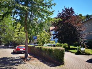 Un coche rojo aparcado en una calle junto a una valla. en Harzfeuer Zentrum, en Bad Harzburg