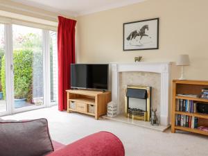 een woonkamer met een tv en een open haard bij Iona Cottage in Duns