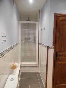 bagno bianco con doccia e lavandino di La Loctais a Les Portes du Coglais