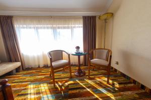 a room with two chairs and a table and a window at Vila Preciosa in Alba Iulia