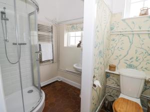 a bathroom with a toilet and a glass shower at Fox Cottage in Droitwich