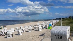 einen Strand mit vielen weißen Stühlen und dem Meer in der Unterkunft Ferienwohnung Seestern Ückeritz in Ückeritz + 6 Fotos