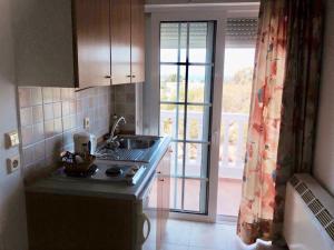 eine Küche mit Spüle und einer Tür zur Terrasse in der Unterkunft Peacock Studios in Pefki Rhodes