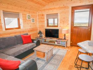 a living room with a couch and a tv at Alken Cabin in Bushmills