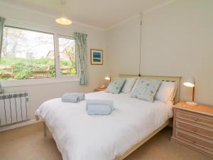 a bedroom with a large white bed and a window at Lavender Lodge in Bideford