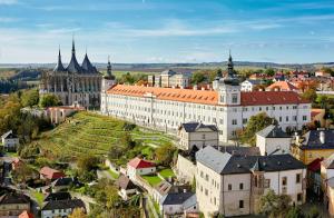 an aerial view of a city with a castle at Hotel U Kata in Kutná Hora