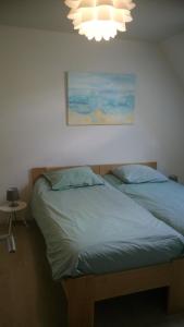 Isle-et-BardaisにあるChambres d'hotes le Matou Rouxのベッドルーム1室(ベッド2台、シャンデリア付)