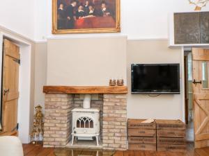 a living room with a fireplace and a tv at The Old School in Wereham