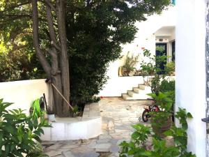 ein Baum vor einem Haus mit einem steinernen Gehweg in der Unterkunft Cozy & comfy Apt with Sea View in Chora Andros in Ándros