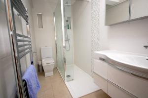 霍茲登的住宿－Broxbourne Two-Bedroom Apartment Close To Amenities，一间带水槽、淋浴和卫生间的浴室