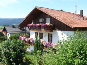 una casa con cajas de flores a un lado. en Ferienwohnungen Kasparbauer, en Regen