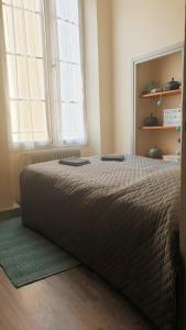 a bed in a bedroom with two large windows at Chez Fanny - appartement de qualité hypercentre Cahors in Cahors +6 photos