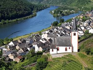 an aerial view of a village next to a river at Winzerhof Gietzen in Hatzenport