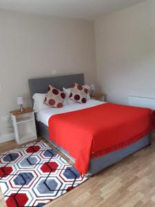 a bedroom with a bed with a red blanket and a rug at Shannon's House in Doolin