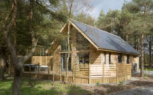 a log cabin with a black roof in the woods at Bracken Howe Lodge in Whitby