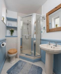 a bathroom with a shower and a sink and a toilet at Fossil Cottage in Whitby